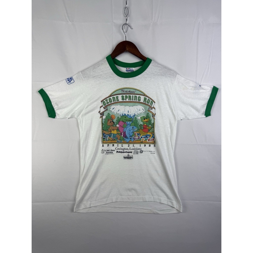 VTG 1985 Ozone Spring Run Covington LA Ringer T Shirt Hanes S/S Green Sz. M